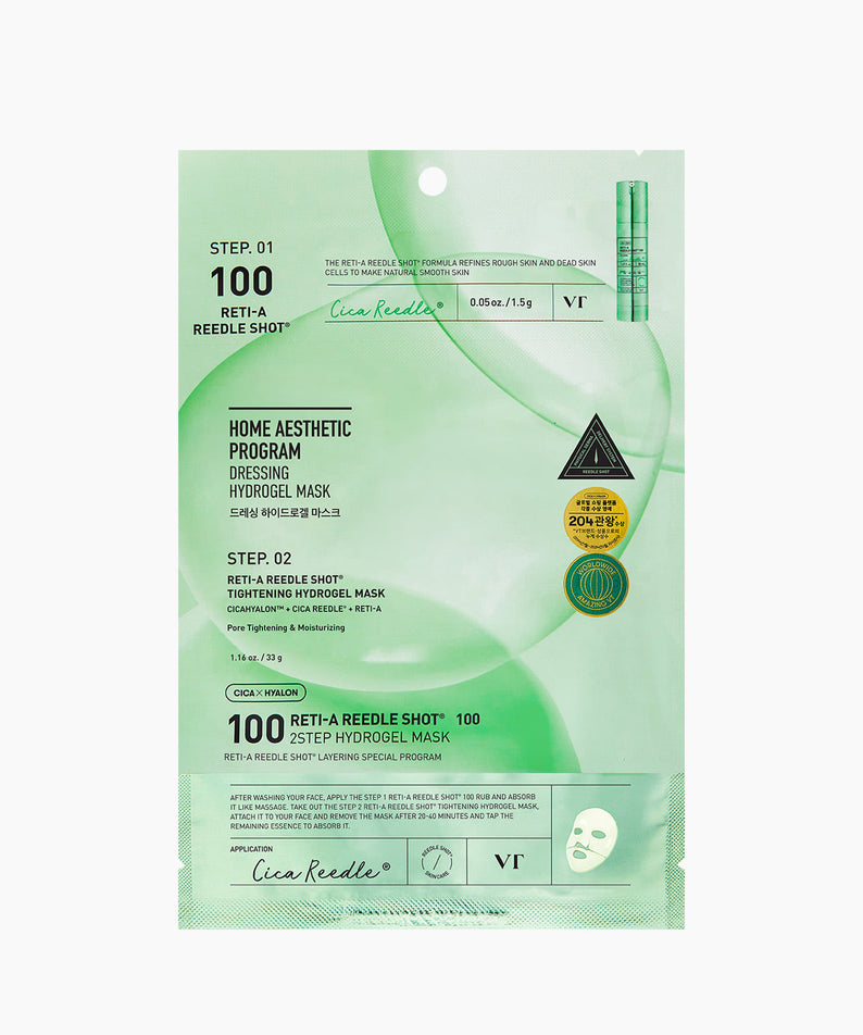 VT COSMETICS Reti-A Riddleshot 100 2-Step Hydrogel Mask (4 sheets) : masque hydrogel vert en sachet, produit VT en gros plan