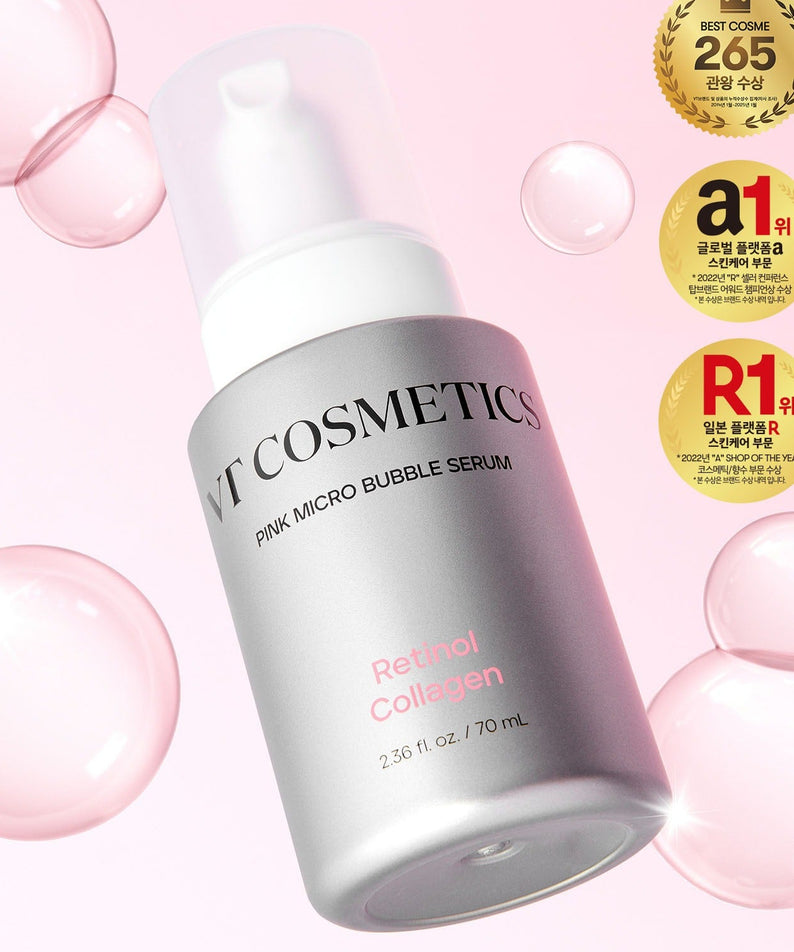 VT COSMETICS Retinol Collagen Pink Microbubble Serum 70ml de VT COSMETICS sur fond rose, bulles cosmétiques et sceaux.