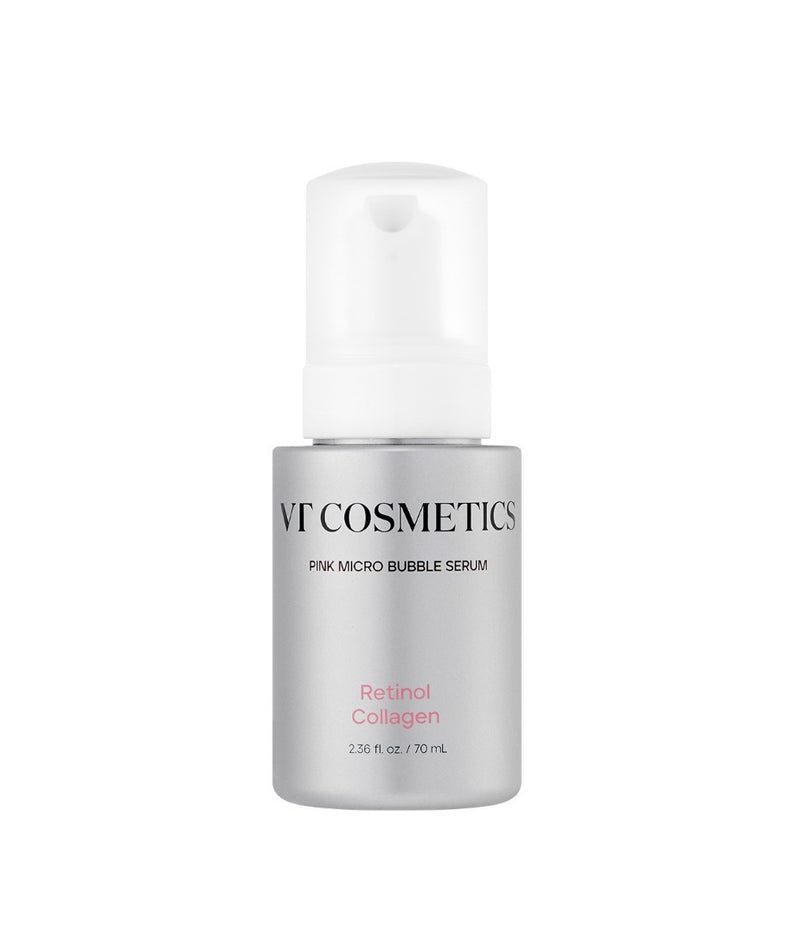 Décris l'image en français : VT COSMETICS Retinol Collagen Pink Microbubble Serum 70ml, flacon blanc, fond clair.