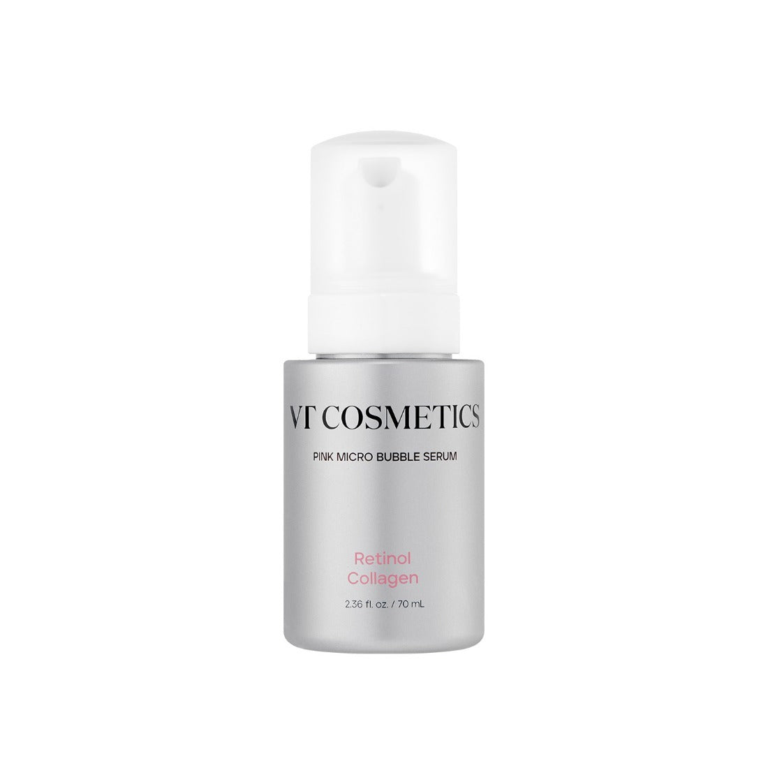 Décris l'image en français : VT COSMETICS Retinol Collagen Pink Microbubble Serum 70ml, flacon blanc, fond clair.
