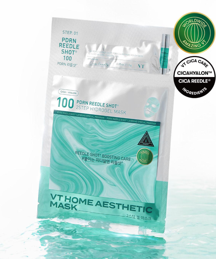 VT COSMETICS Riddle Shot 100 2 Step Hydrogel Mask 5 Sheets, masque hydrogel VT Cosmétics en poche blanche, visuel produit.