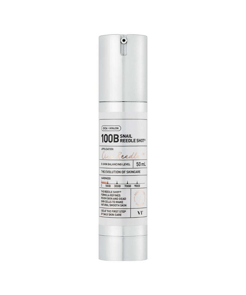 VT COSMETICS Snail Reedle Shot® 100B - 50ml, flacon argenté sur fond blanc, produit cosmétique de la marque VT Cosmetics