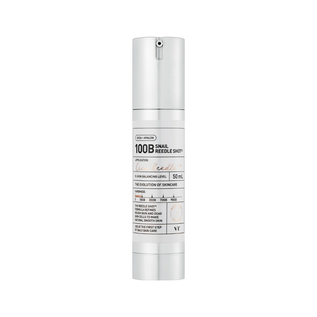 VT COSMETICS Snail Reedle Shot® 100B - 50ml, flacon argenté sur fond blanc, produit cosmétique de la marque VT Cosmetics