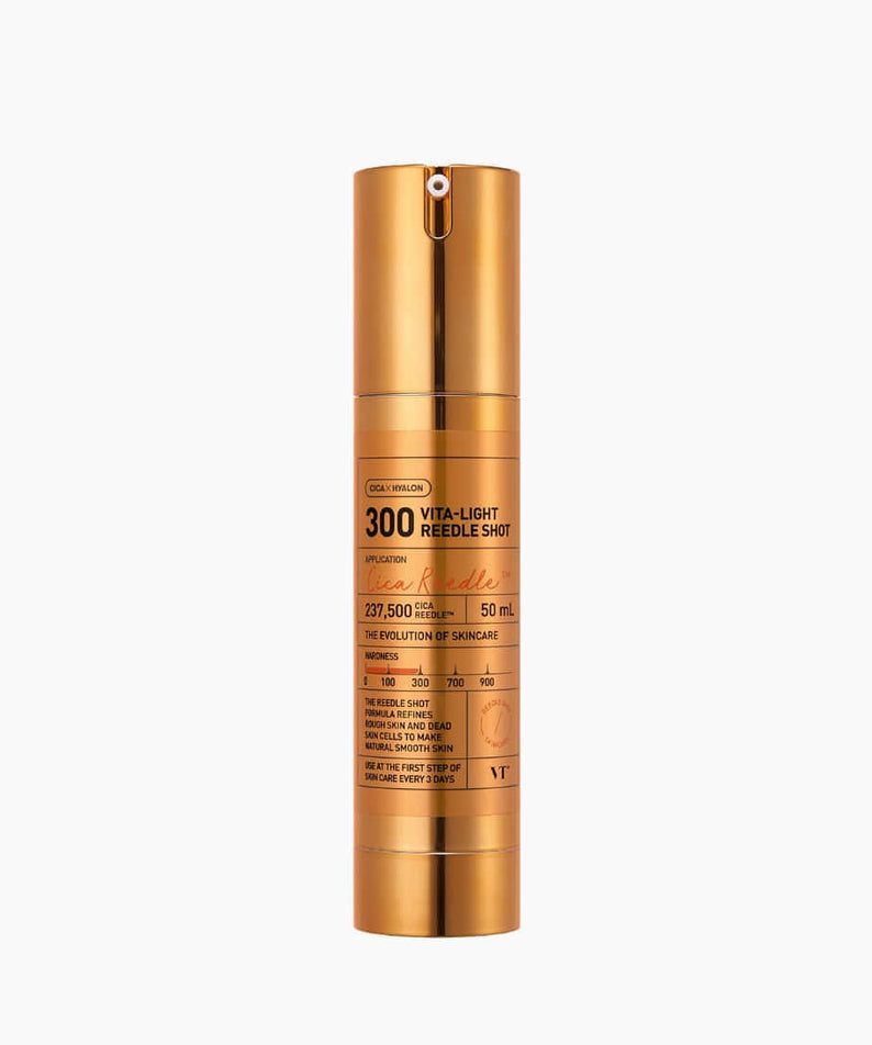 VT COSMETICS Vita-Light Reedle Shot® en flacon doré sur fond blanc, produit cosmétique VT COSMETICS