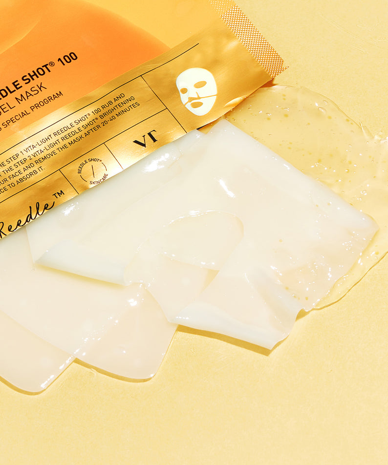 VT COSMETICS  Vita-Lite Riddle shot 100 2-Step Hydrogel Mask (4 sheets) : masque hydrogel déplié, marque VT, pack jaune