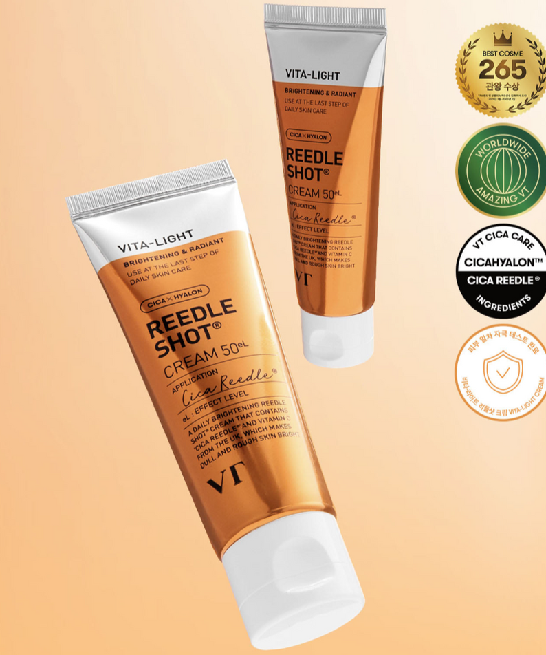 Décris l'image en français : VT COSMETICS Vital-Lite Riddleshot Cream 50g de VT COSMETIC, tubes sur fond beige, packshot.