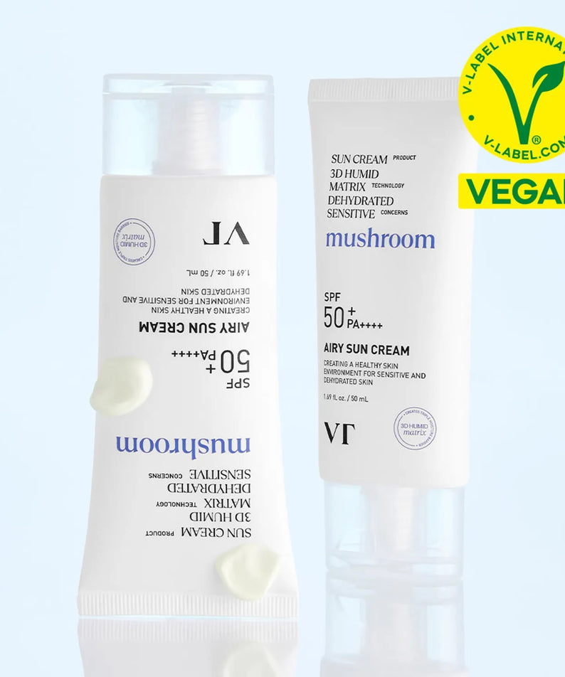 Crème solaire VT COSMETIC Airy Sunscreen 50ml avec étiquette végétalienne, protection SPF 50+. Image de la crème solaire légère et hydratante.