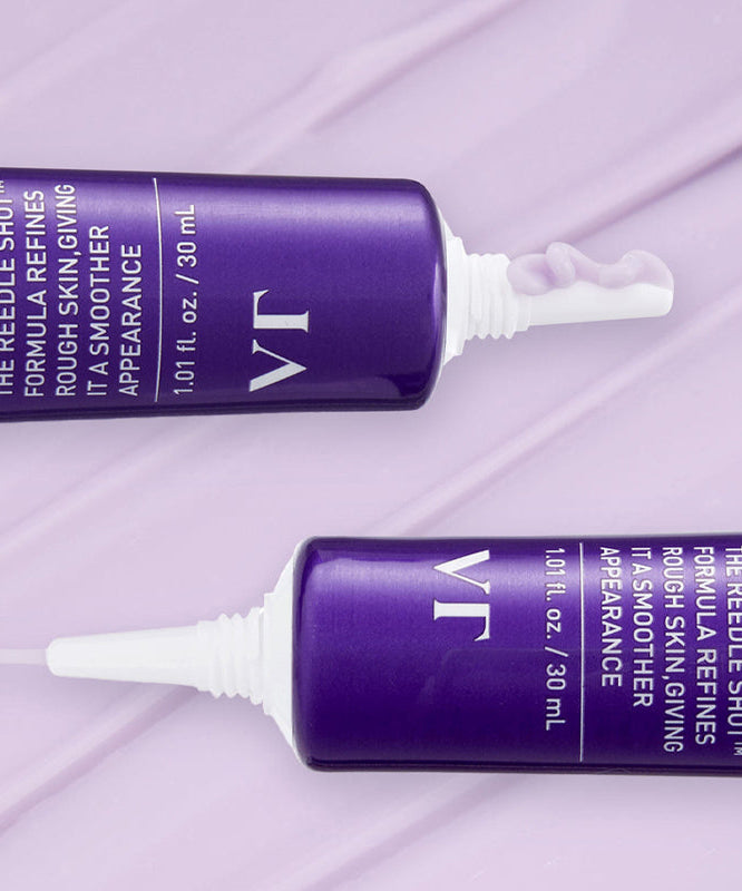Deux tubes de VT COSMETIC Bakuchiol Riddle Shot Cream 30ml sur fond violet, crème anti-âge avec bakuchiol.