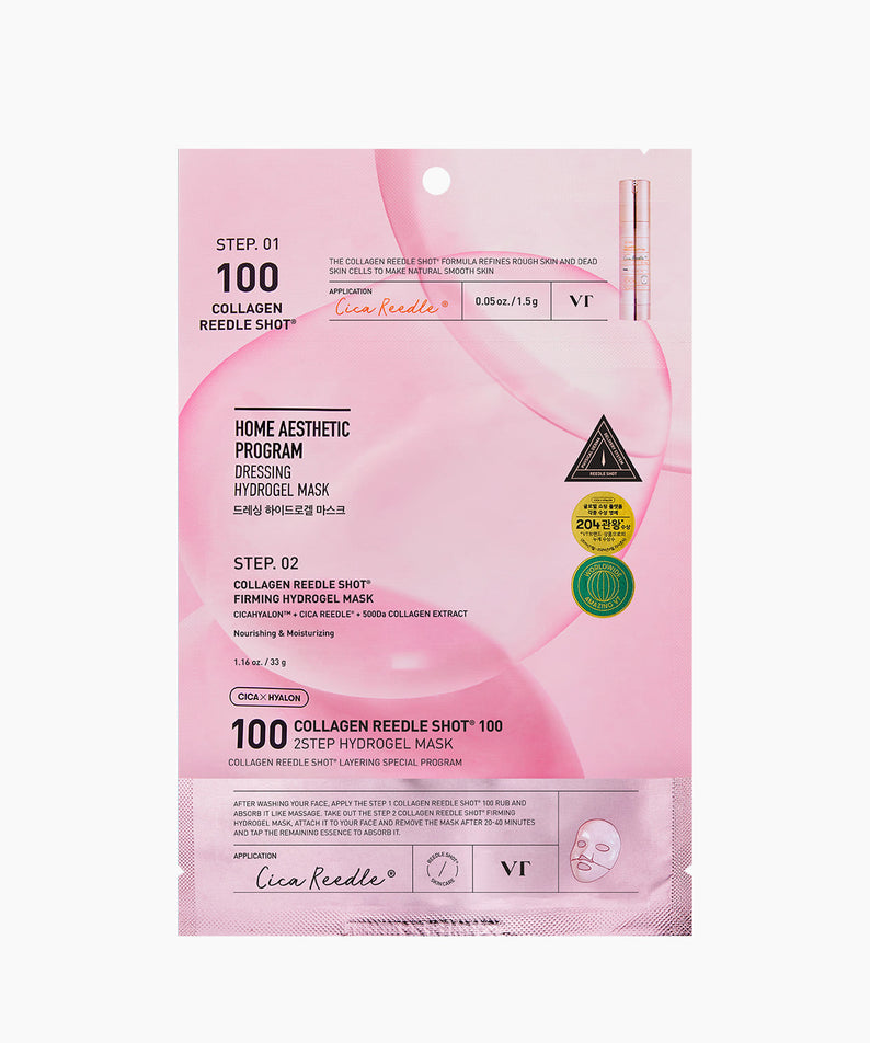 Masque VT COSMETIC Collagen Riddle Shot 100 2-Step Hydrogel (4 feuilles) avec emballage rose et blanc, programme de soins esthétiques.