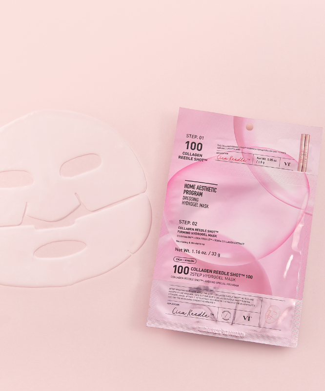 Masque 2 étapes VT COSMETIC Collagen Riddle Shot 100 hydrogel, 4 feuilles, sur fond rose, masque beauté facial.
