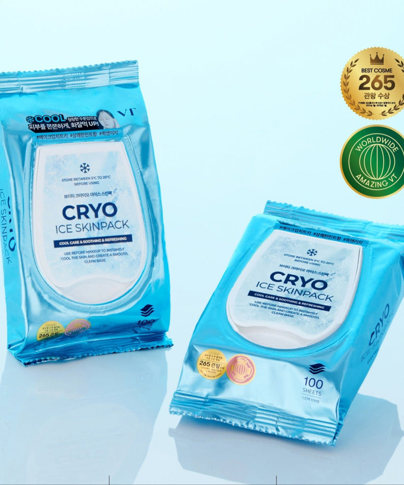 Emballage du VT COSMETIC Cryo Ice Skin Pack 210g, soin de peau rafraîchissant et apaisant en sachet bleu avec labels de récompense.