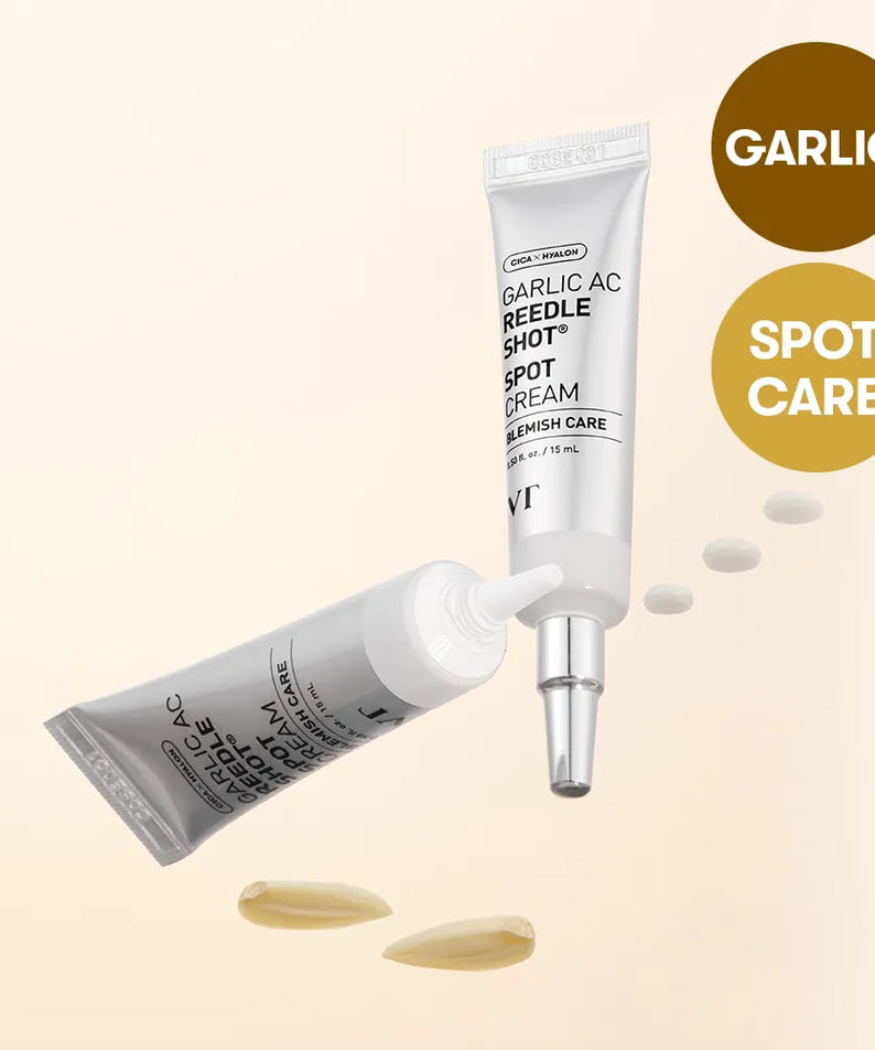 Crème à l'ail VT COSMETIC Garlic AC Riddle Shot Spot Cream 15ml pour soin anti-blemishes, en deux tubes avec capsules d'ail et texte "SPOT CARE".