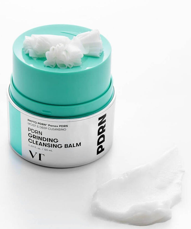 Image du produit VT COSMETIC PDRN Grinding Cleansing Balm 50ml, nettoyant pour le visage avec couvercle vert et texture de crème blanche.