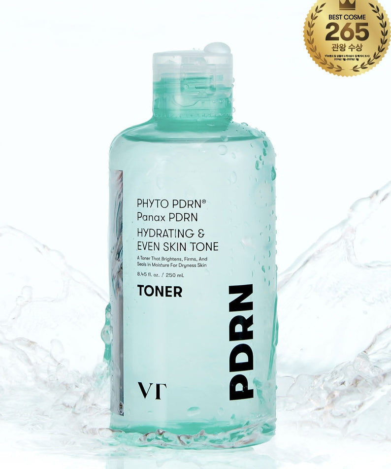 Tonique hydratant VT COSMETIC PDRN 250ml avec embouteillage élégant et impression dorée, idéal pour une peau éclatante.