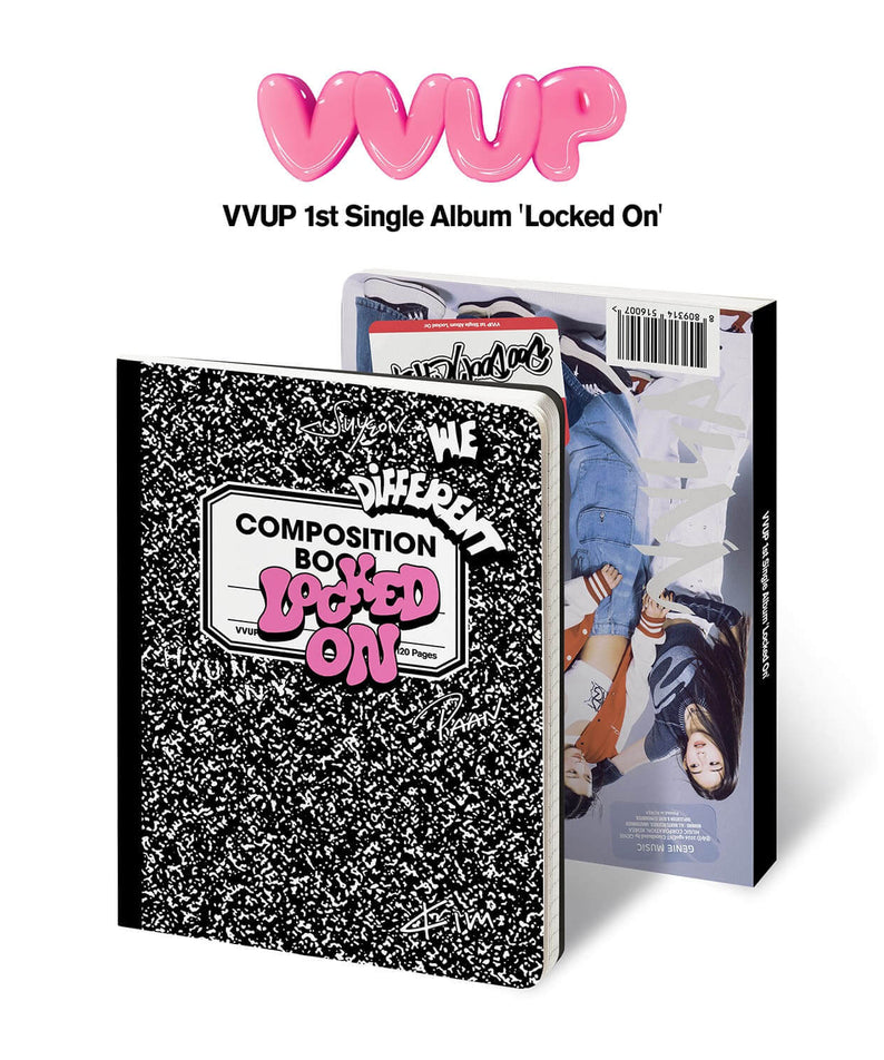 VVUP - 1st Single Album 'Locked On' - Album Kpop, visuel du coffret avec pochette noire et boîte rose, fond blanc.