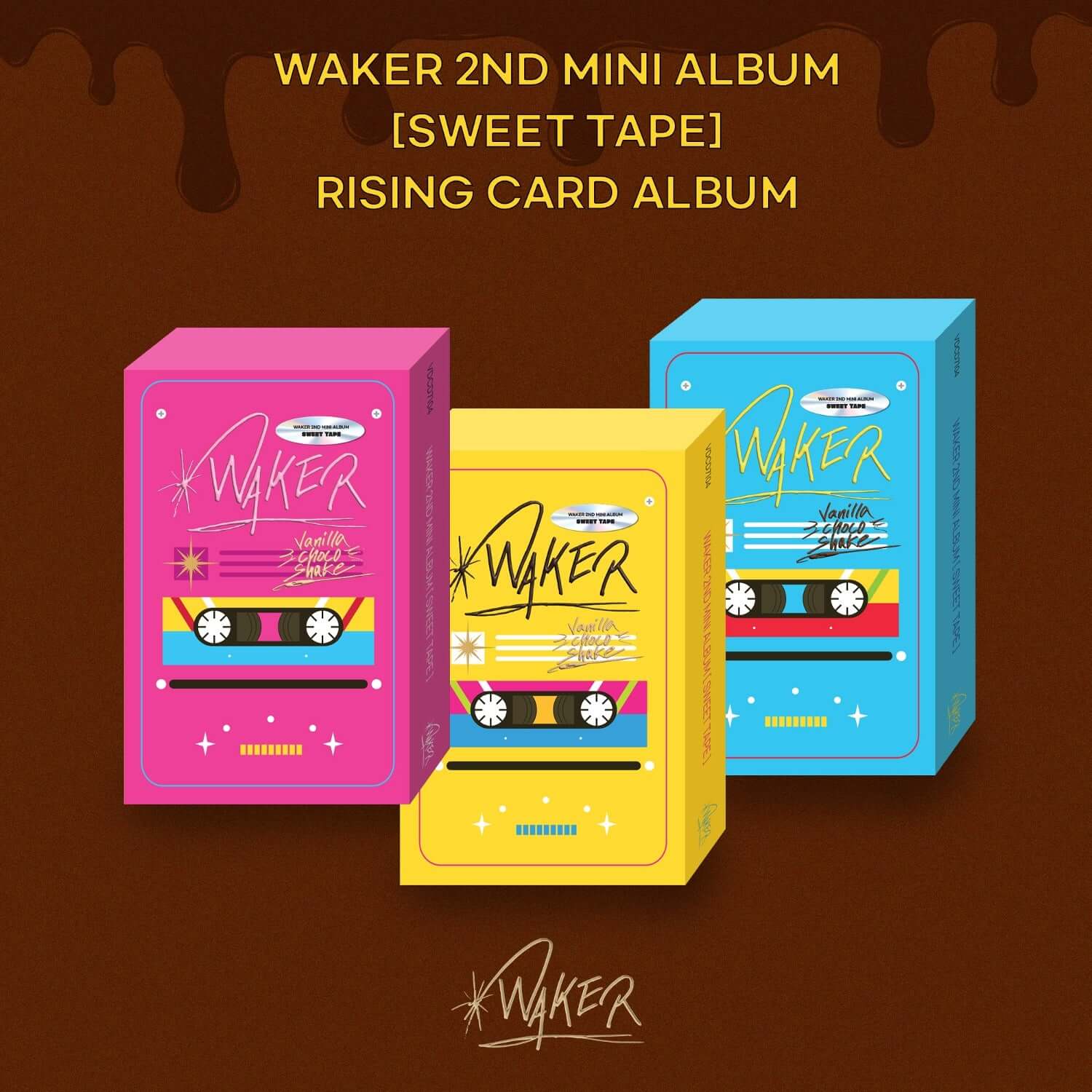 WAKER - 2nd Album [Sweet Tape] [RISING CARD ALBUM] (Random) - Album Kpop : cartes album, couleurs rose/jaune/bleu sur fond brun.