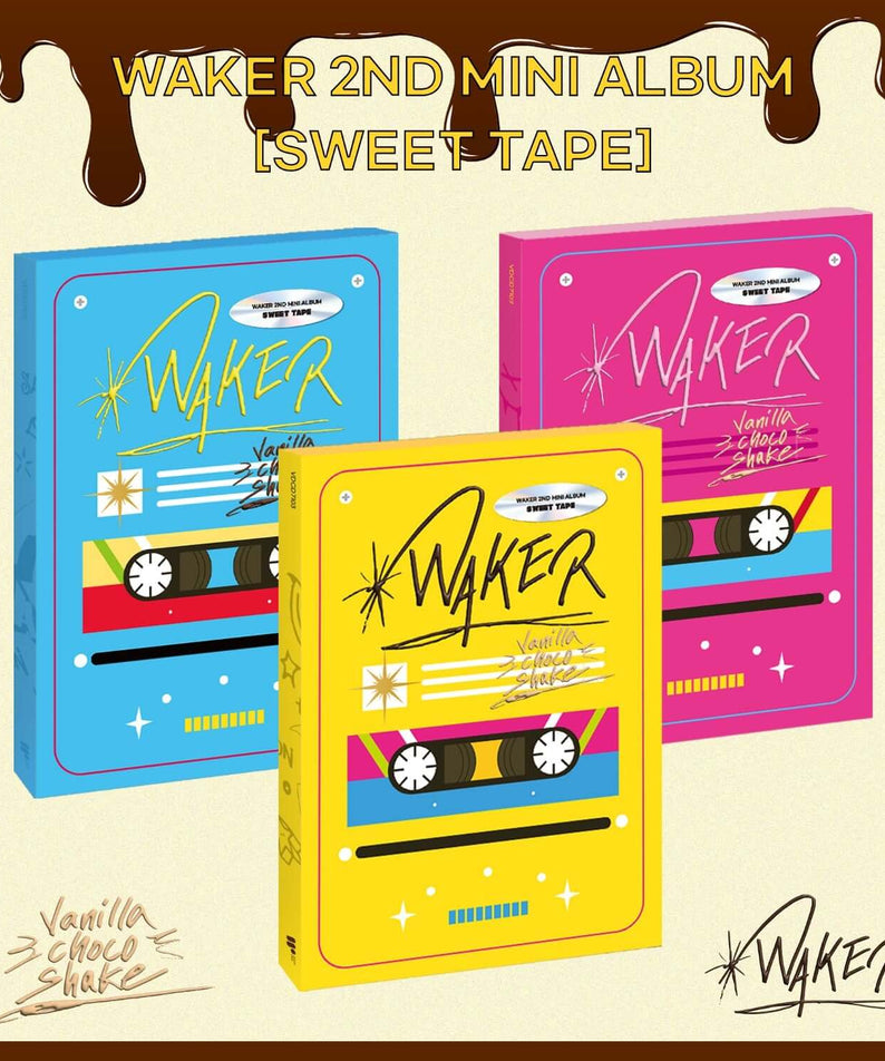 WAKER - 2nd Album [Sweet Tape] (Random) - Album Kpop : jaquettes colorées WAKER sur fond beige, mini-cassettes, design rétro.