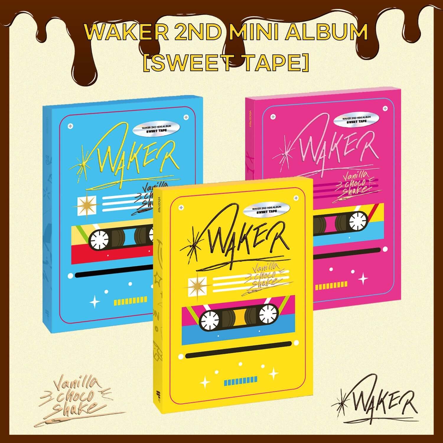 WAKER - 2nd Album [Sweet Tape] (Random) - Album Kpop : jaquettes colorées WAKER sur fond beige, mini-cassettes, design rétro.