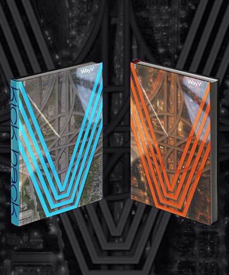 WAYV - 3rd Album [Kick Back] - Album Kpop : jaquettes WAYV bleue et orange sur fond graphique noir et V.