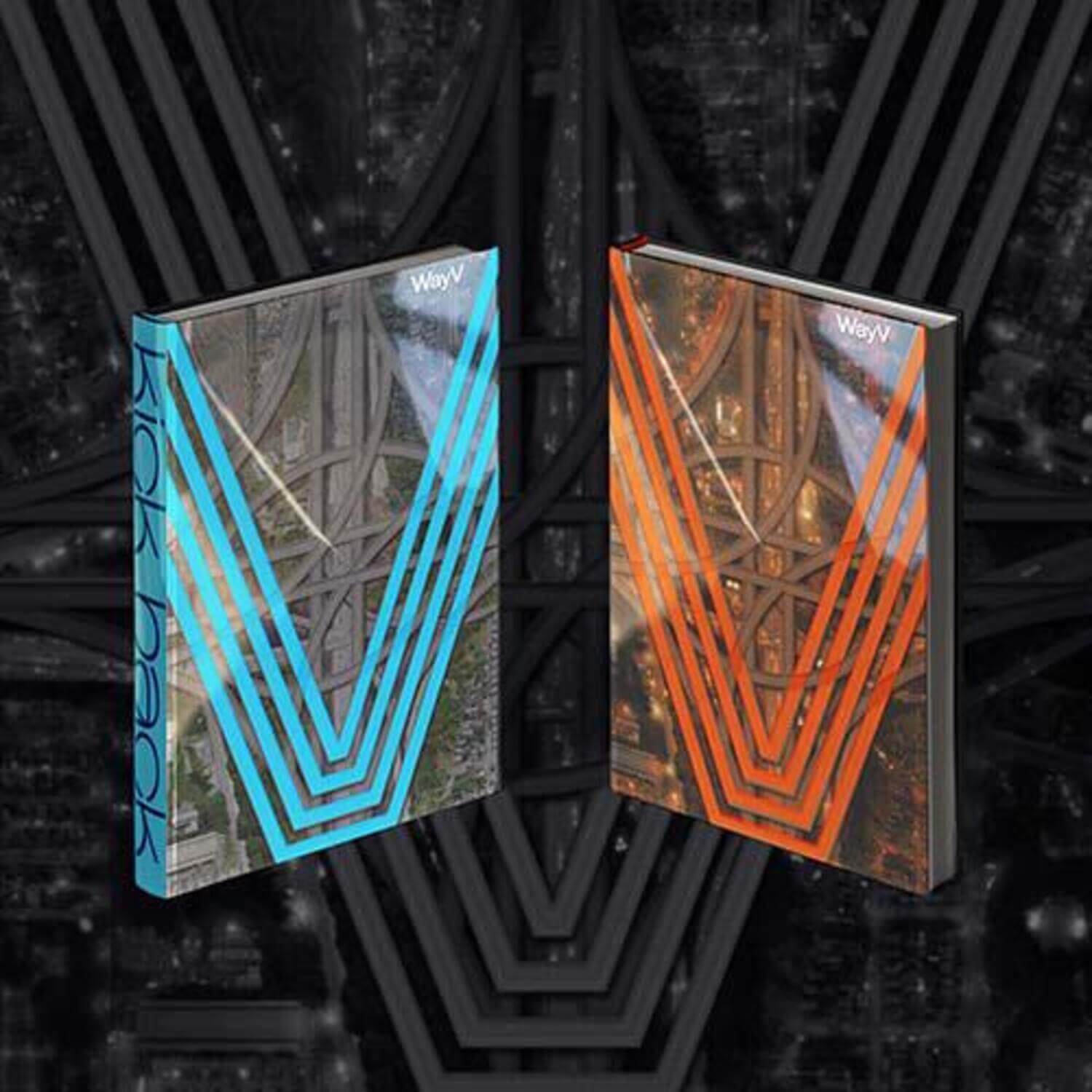 WAYV - 3rd Album [Kick Back] - Album Kpop : jaquettes WAYV bleue et orange sur fond graphique noir et V.