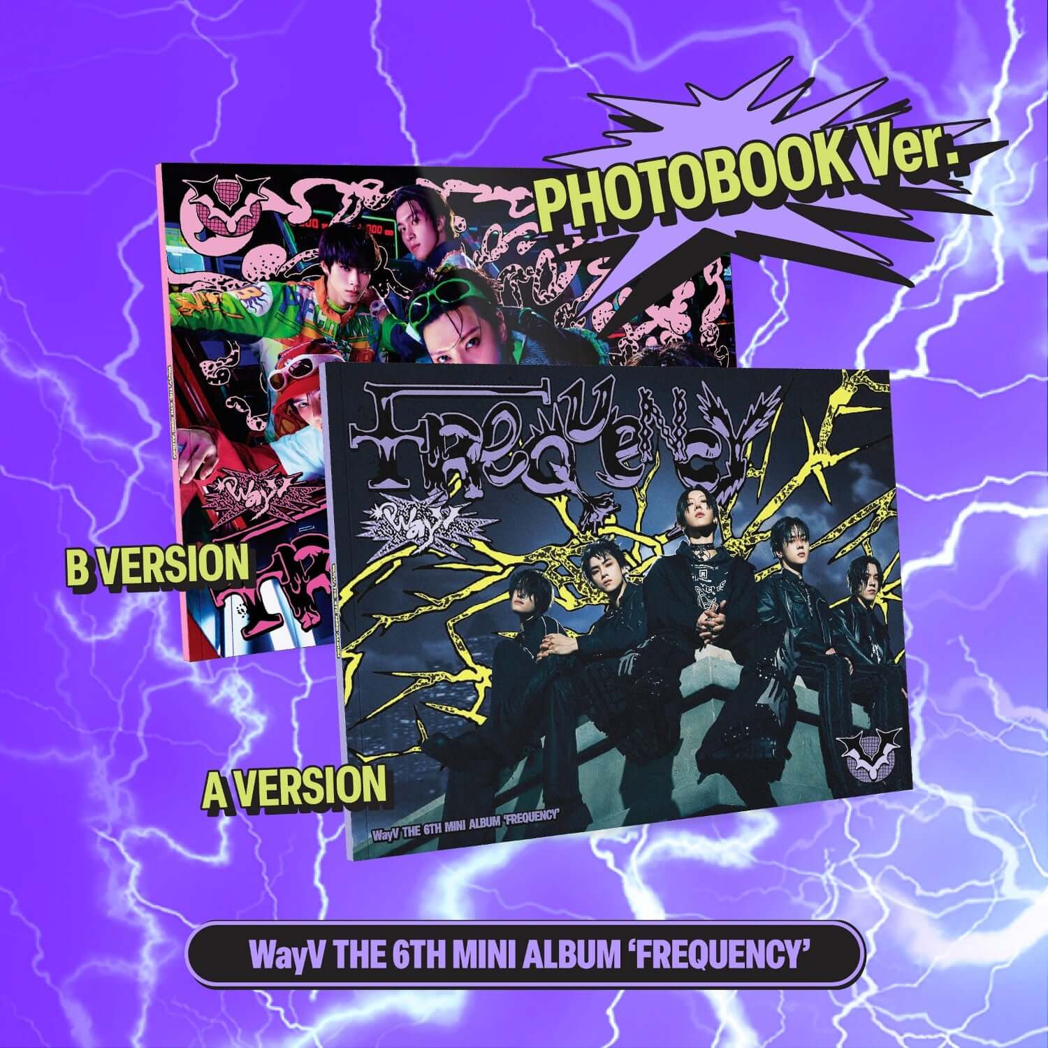 WAYV - 6th Album [FREQUENCY] (Photo Book Ver.) (Random 1 of 2) - Album Kpop, couverture photo, style B & A, fond éclair violet