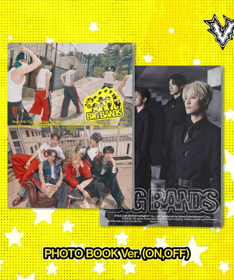 WAYV - 7th Album [BIG BANDS] (PHOTO BOOK Ver.) (Random 1 of 2) - Album Kpop, collage photo sur fond jaune étoiles