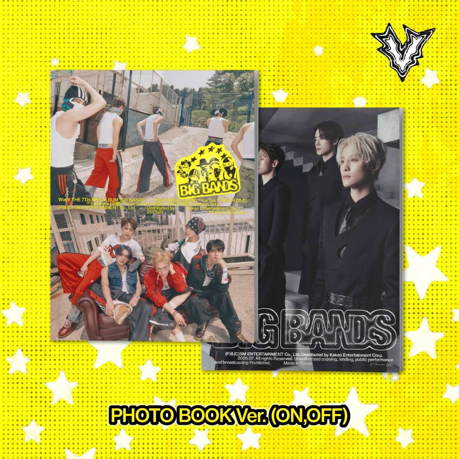WAYV - 7th Album [BIG BANDS] (PHOTO BOOK Ver.) (Random 1 of 2) - Album Kpop, collage photo sur fond jaune étoiles