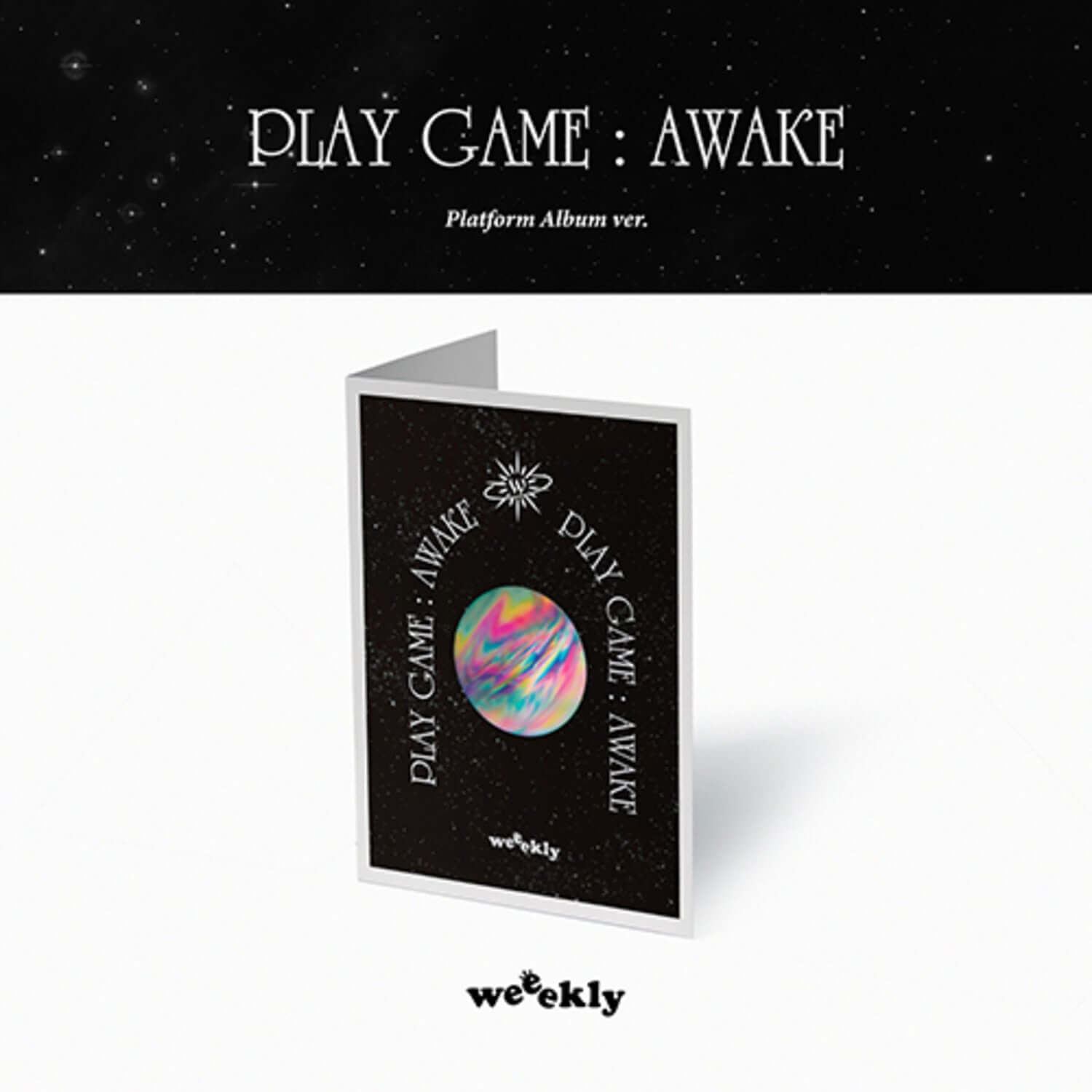 WEEEKLY - 1st Album [Play Game : AWAKE] (Platform Album ver.) - Album Kpop, visuel de pochette sur fond sombre étoilé