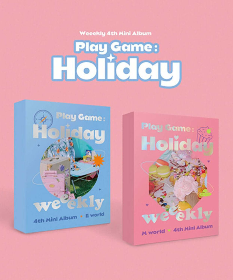 WEEEKLY - 4th Album [Play Game:Holiday] Set ver. : coffrets Kpop illustrés rose bleu, packs promotionnels sur fond pastel.