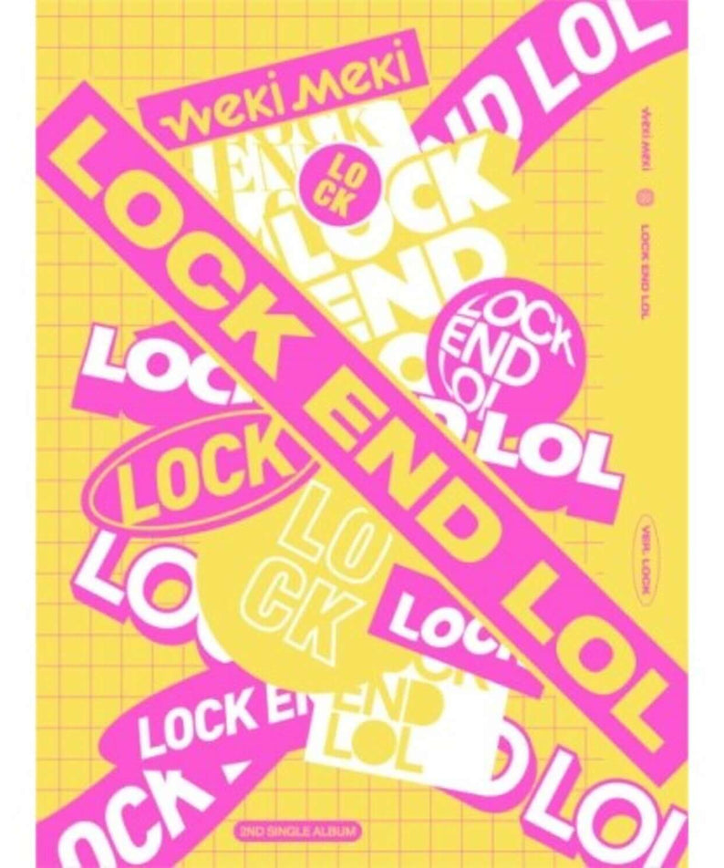 WEKI MEKI - 2nd Album [LOCK END LOL] LOCK VER. - Album Kpop, cover jaune et rose avec texte LOCK LOL.