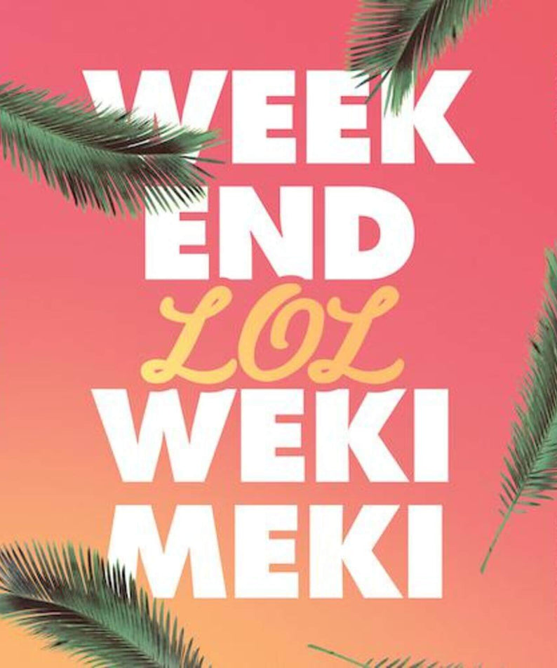 WEKI MEKI - 2nd Album [WEEK END LOL] - Album Kpop, pochette rose tropicale palmier et typographies WEKI MEKI