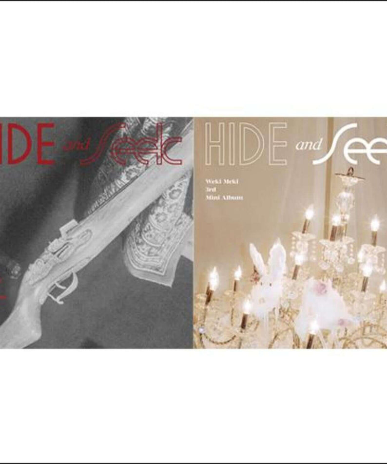 WEKI MEKI - [HIDE AND SEEK] - Album Kpop, cover noir et blanc avec bougies, marque WEKI MEKI, ambiance sombre