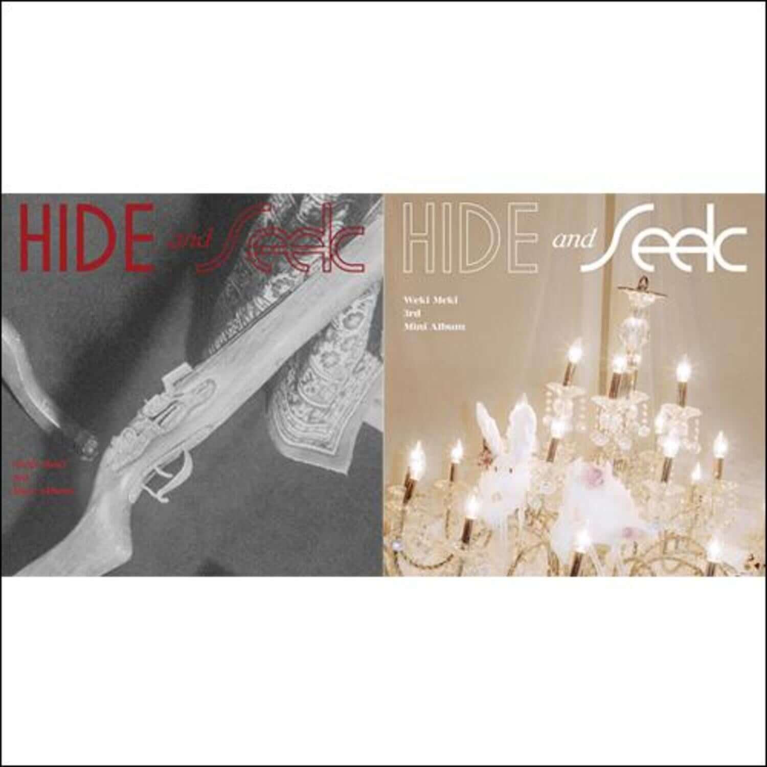 WEKI MEKI - [HIDE AND SEEK] - Album Kpop, cover noir et blanc avec bougies, marque WEKI MEKI, ambiance sombre