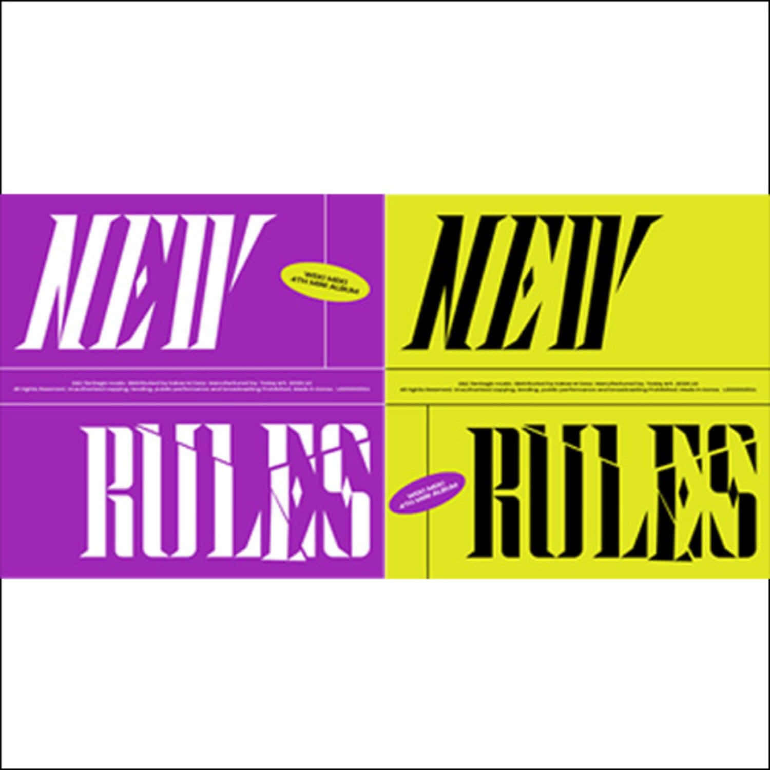 WEKI MEKI - [NEW RULES] - Album Kpop, couverture colorée violette et jaune, visuel pop K-pop du groupe WEKI MEKI
