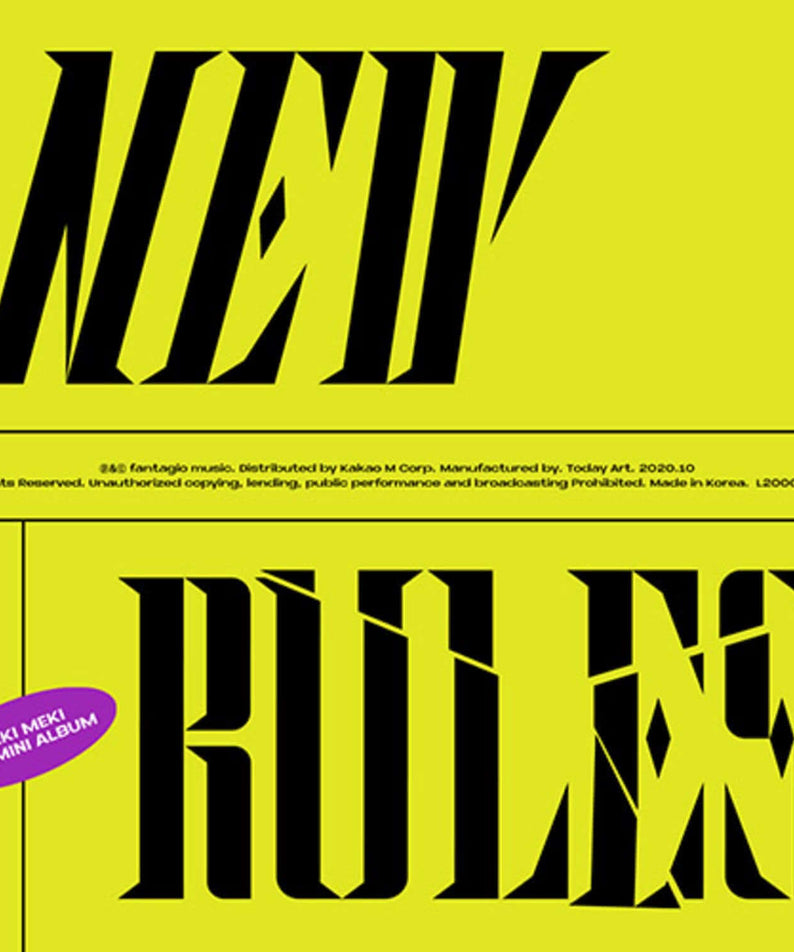 WEKI MEKI - [NEW RULES] (TAKE VER.) - Album Kpop : jaquette vert fluo, visuels stylés “RULES” en noir et jaune.