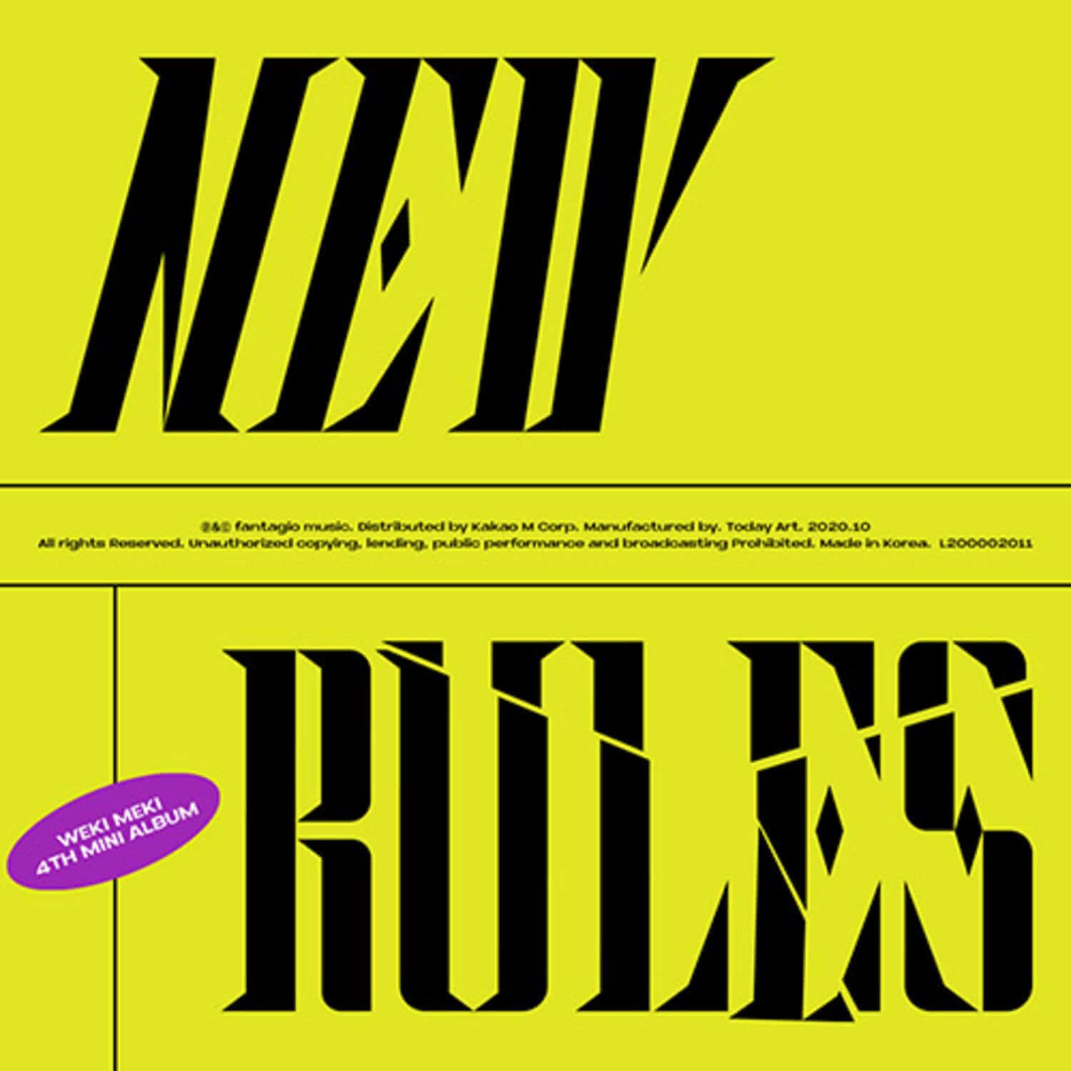 WEKI MEKI - [NEW RULES] (TAKE VER.) - Album Kpop : jaquette vert fluo, visuels stylés “RULES” en noir et jaune.