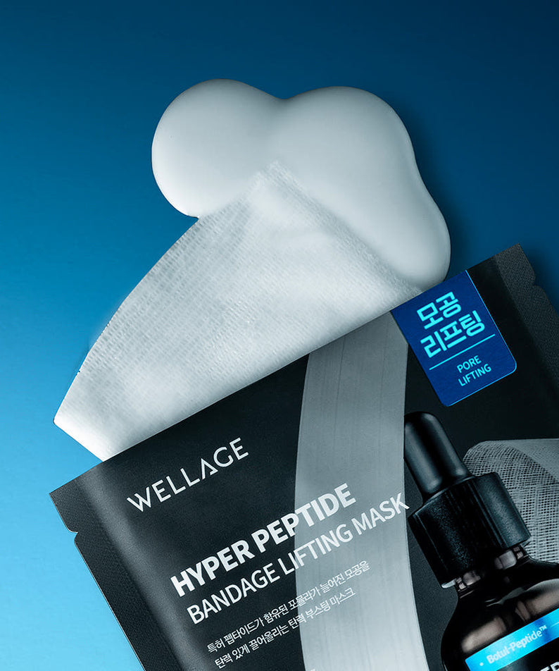 WELLAGE  Hyper Peptide Bandage Lifting Mask 25mlx5 sheets : masques patch en tissu sur fond bleu, marque WELLAGE visible.