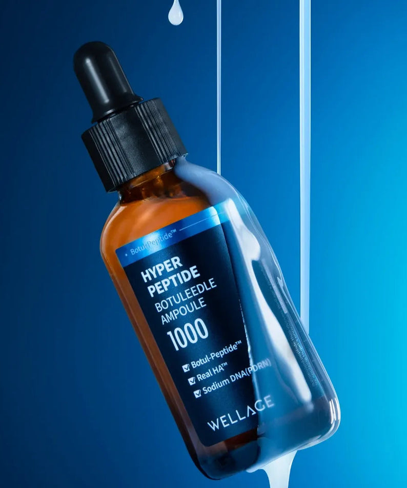 WELLAGE Hyper Peptide Botulinum Ampoule 50ml, flacon pipette WELLAGE sur fond bleu, sérum anti-âge en contexte visuel.