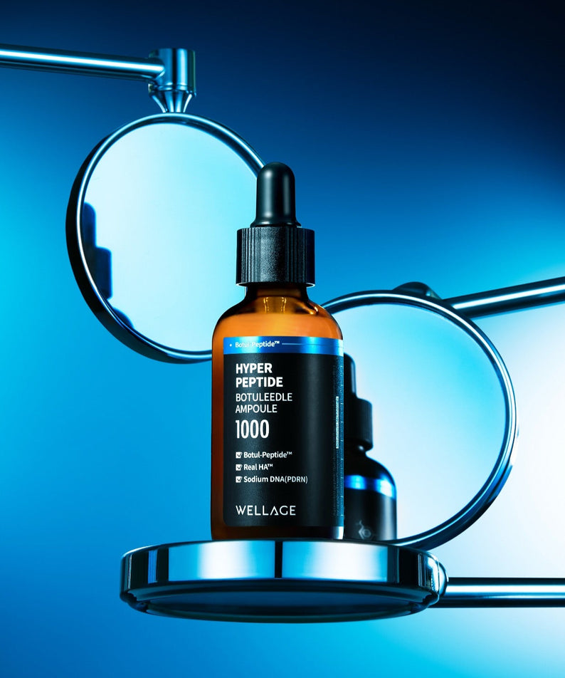 WELLAGE Hyper Peptide Botulinum Ampoule 50ml : sérum en flacon devant néons bleus, contexte beauté premium.