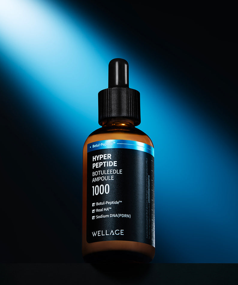 WELLAGE Hyper Peptide Botulinum Ampoule 50ml, flacon sérum bleu sur fond studio sombre, mise en avant produit