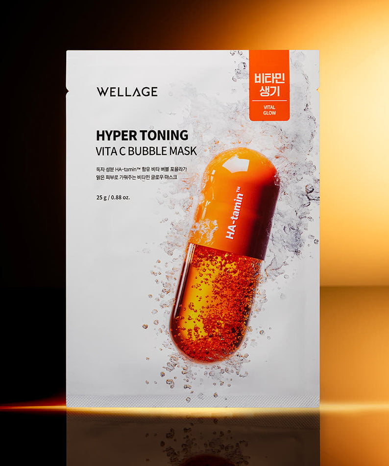 WELLAGE  Hyper Toning Vita C Bubble Mask 25gx5 sheets, masque bubble à la vitamine C, pack blanc sur fond orange