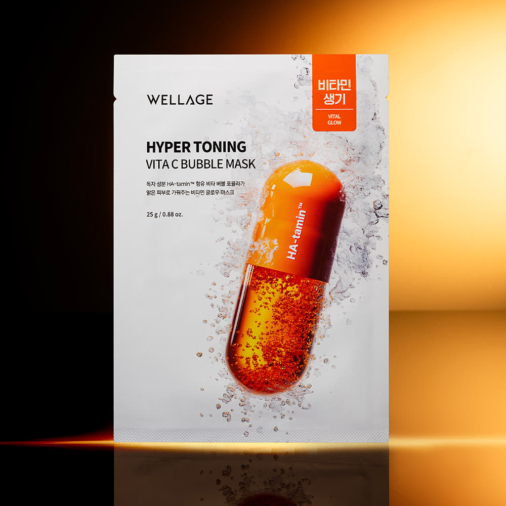 WELLAGE  Hyper Toning Vita C Bubble Mask 25gx5 sheets, masque bubble à la vitamine C, pack blanc sur fond orange