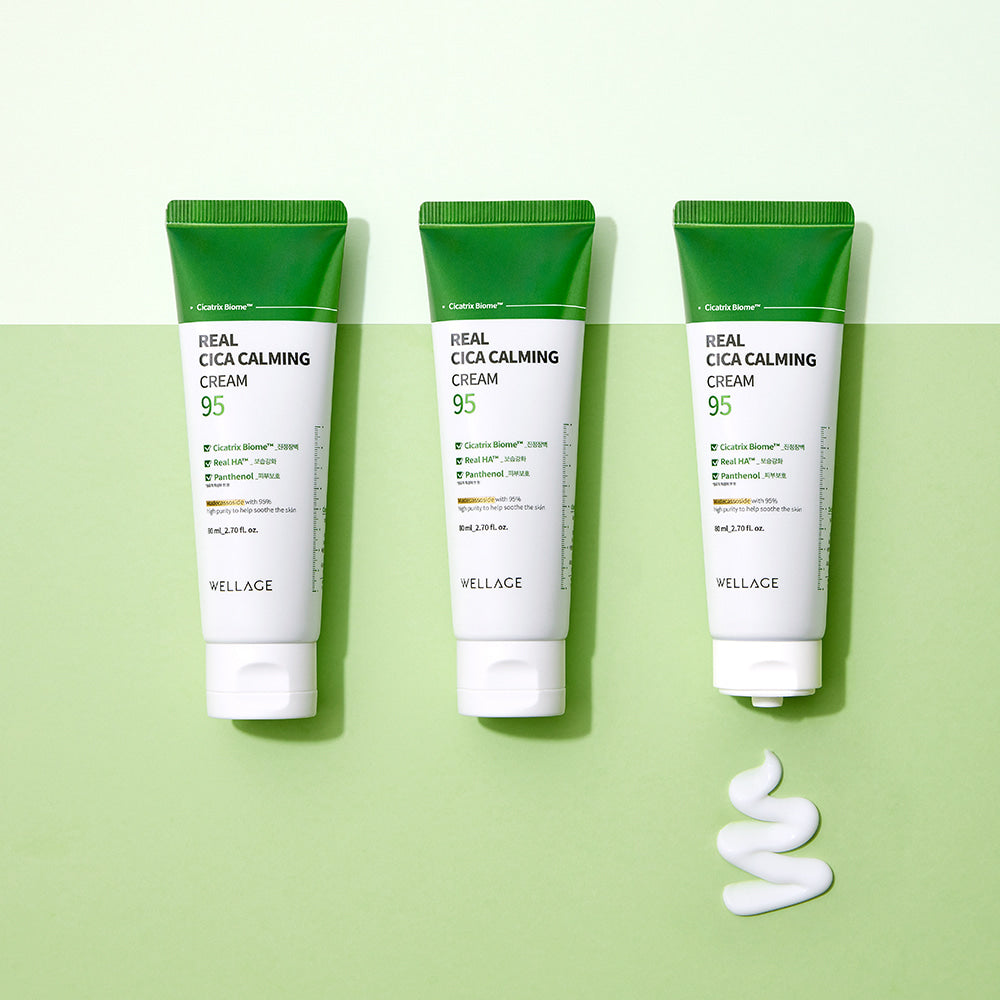 WELLAGE Real Cica Calming 95 Cream 80ml, marque WELLAGE, tubes verts sur fond clair, ambiance soin apaisant