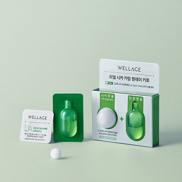 WELLAGE Real Cica Calming One Day Kit, marque WELLAGE, coffret vert apaisant sur fond clair, produits en pack jour