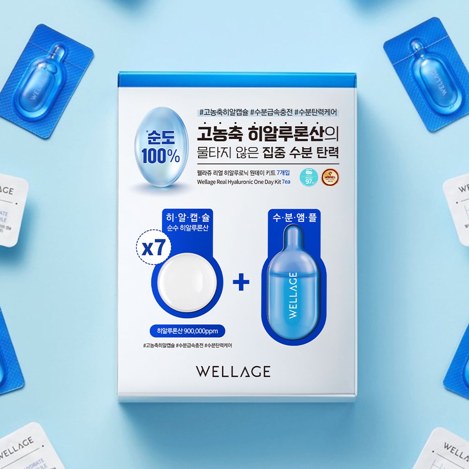 WELLAGE Real Hyaluronic One Day kit de WELLAGE, boîte et sérum sur fond bleu, pack cosmétique skincare.