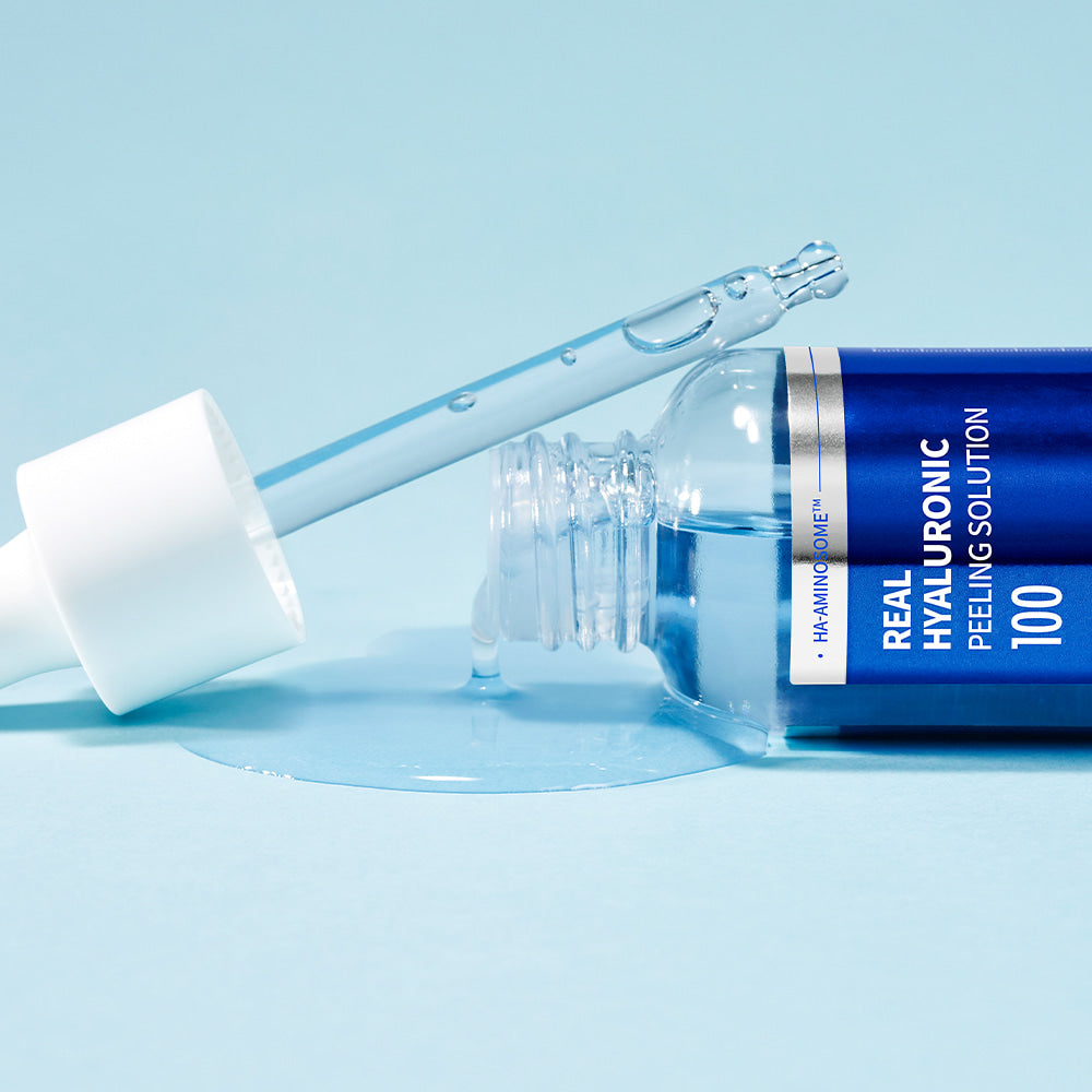 WELLAGE Real Hyaluronic Peeling Solution 30ml, flacon et pipette bleus sur fond clair, gelée d’acide hyaluronique