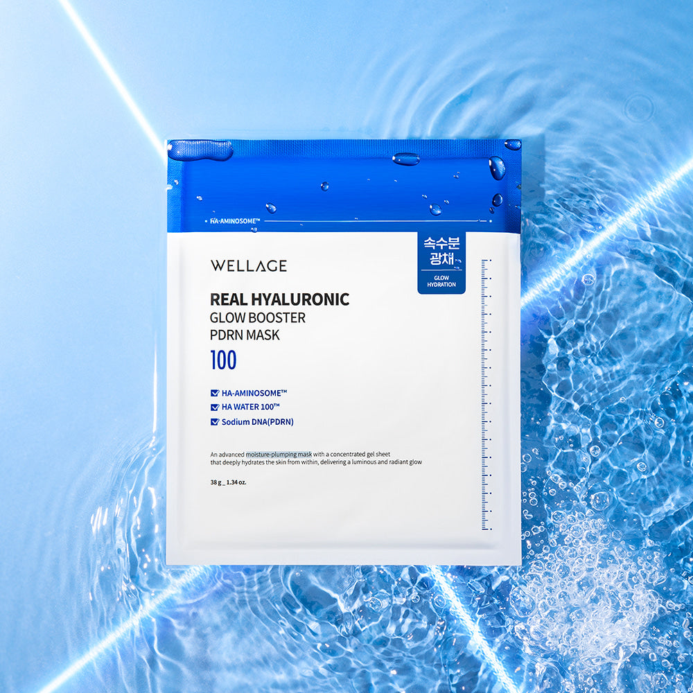WELLAGE Real hyaluronic Glow Booster PDRN Mask 5 Sheets, masque visage, pack bleu avec gouttes d’eau sur fond aquatique