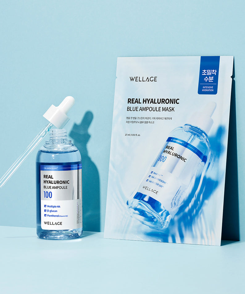 WELLAGE Real Hyaluronic Blue Ampoule Mask 5 Sheets sur fond bleu, soins hydratants pour une peau éclatante en 5 masques.