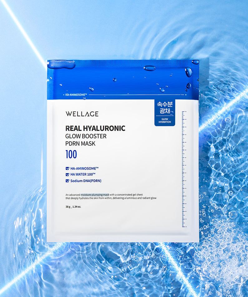 Masque WELLAGE Real hyaluronic Glow Booster PDRN 5 feuilles sur fond bleu, booster d'éclat hydratant