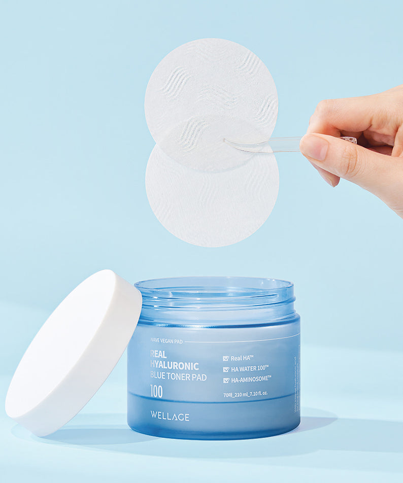 WELLAGE Real hyaluronic Blue Toner Pads 70 Sheets, 70 feuilles, soin hydratant visage, améliore l'éclat, produit de soin coréen